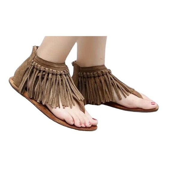 Fringe Flat T-strap Thong Sandals  Zip Back  Sandal Size 7 - Picture 1 of 3